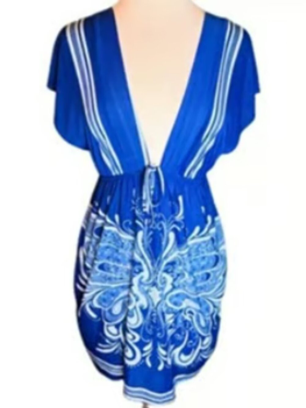 Julia Short Sleeve Sundress or Swimsuit Coverup Blue White Beads Lighweight MED